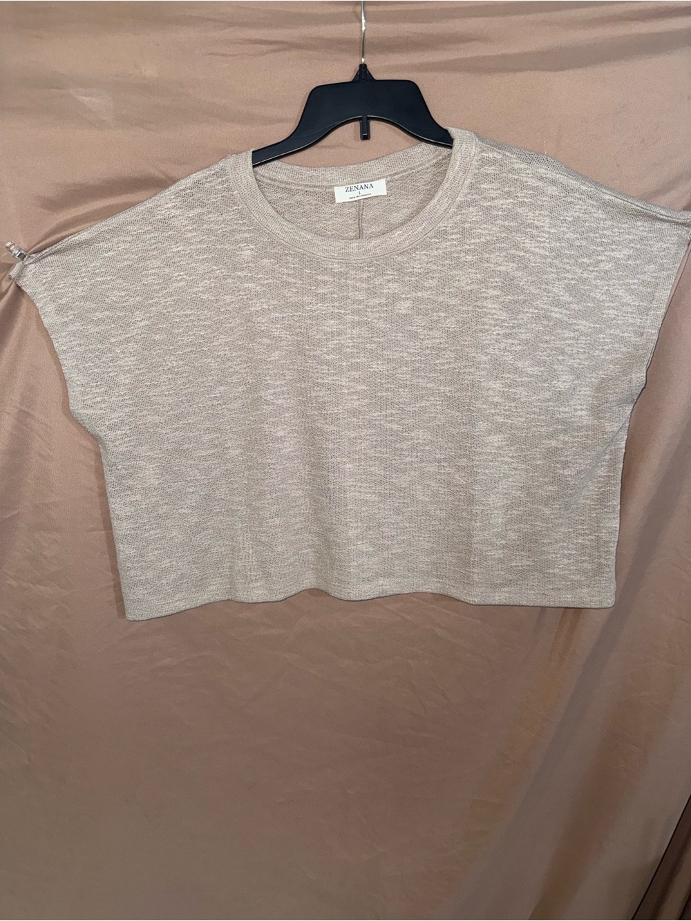 NWOT Women’s Large Zenana Outfitters Women's Beige Short Sleeve Boxy Knit Top